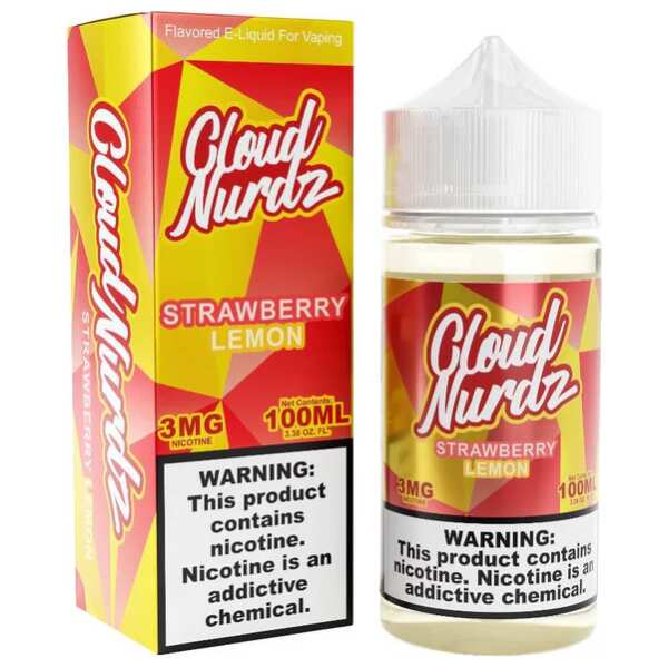 A 100ml Strawberry Lemon Cloud Nurdz 100ml e-liquid bottle with strawberry and lemon candy graphics. by Vape4Less.