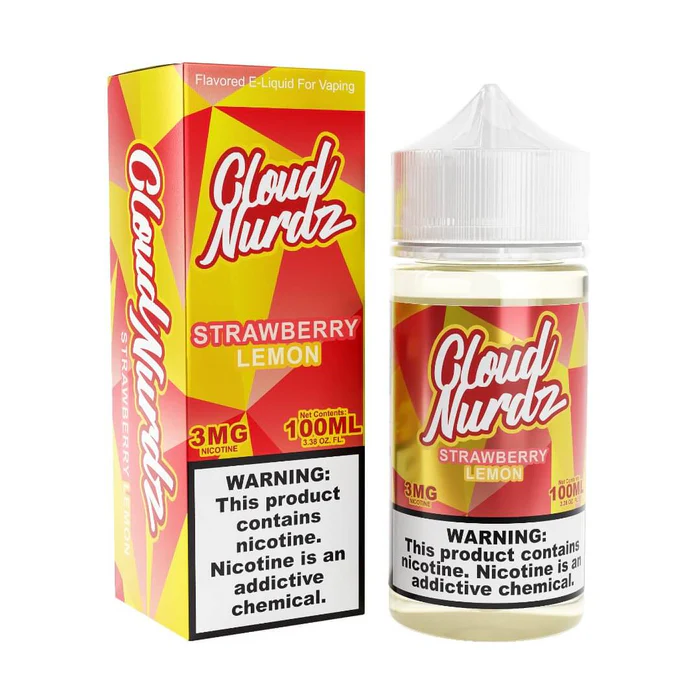 A 100ml Strawberry Lemon Cloud Nurdz 100ml e-liquid bottle with strawberry and lemon candy graphics. by Vape4Less.