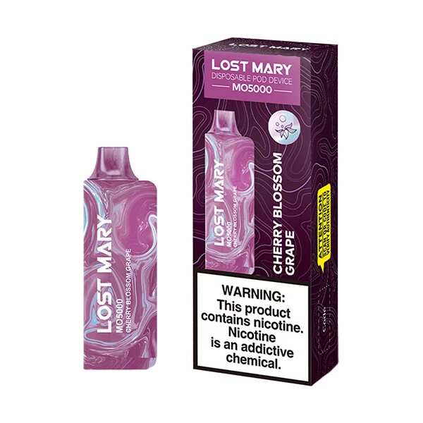 A 5ml Cherry Blossom Grape Lost Mary MO5000 disposable vape with cherry blossom and grape-themed design. by Vape4Less.