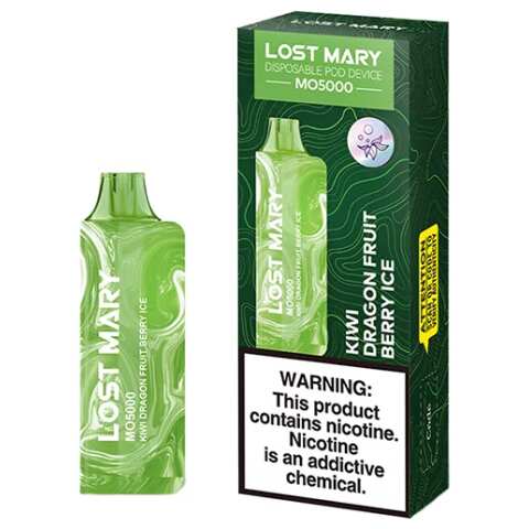 A 5ml Kiwi Dragonfruit Berry Ice Lost Mary MO5000 disposable vape with kiwi, dragonfruit, berry, and ice-inspired artwork. by Vape4Less.