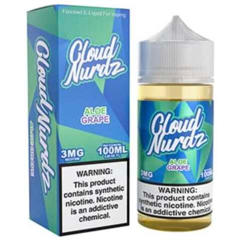 A 100ml Aloe Grape Cloud Nurdz 100ml e-liquid bottle with aloe and grape candy graphics. by Vape4Less.