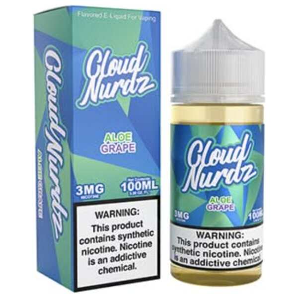 A 100ml Aloe Grape Cloud Nurdz 100ml e-liquid bottle with aloe and grape candy graphics. by Vape4Less.