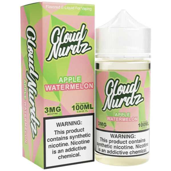 A 100ml Apple Watermelon Cloud Nurdz 100ml e-liquid bottle with apple and watermelon fruit graphics. by Vape4Less.