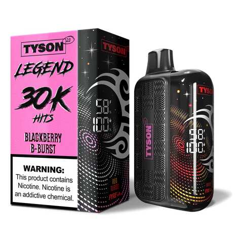 A 16ml Blackberry B Burst Tyson 2.0 Legend 30K disposable vape with blackberry-themed design. by Vape4Less.