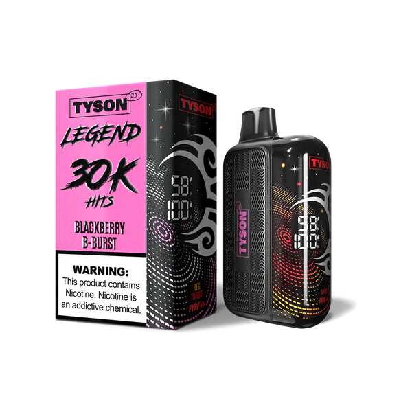 A 16ml Blackberry B Burst Tyson 2.0 Legend 30K disposable vape with blackberry-themed design. by Vape4Less.