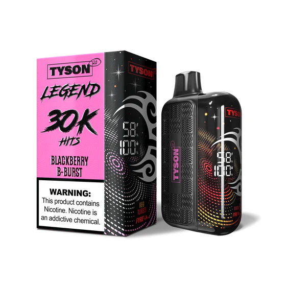 A 16ml Blackberry B Burst Tyson 2.0 Legend 30K disposable vape with blackberry-themed design. by Vape4Less.