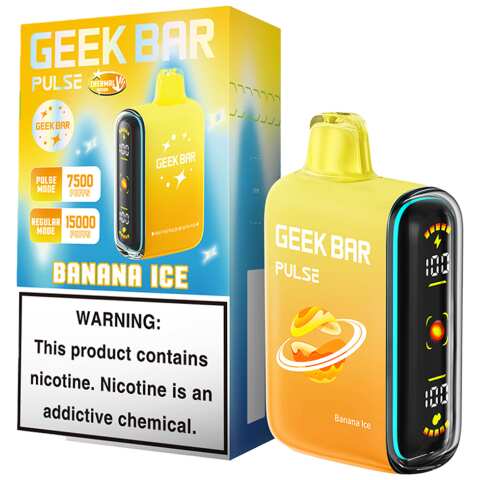 A 16ml Banana Ice Geek Bar Pulse disposable vape with banana and ice-themed design on a clean white background. by Vape4Less.