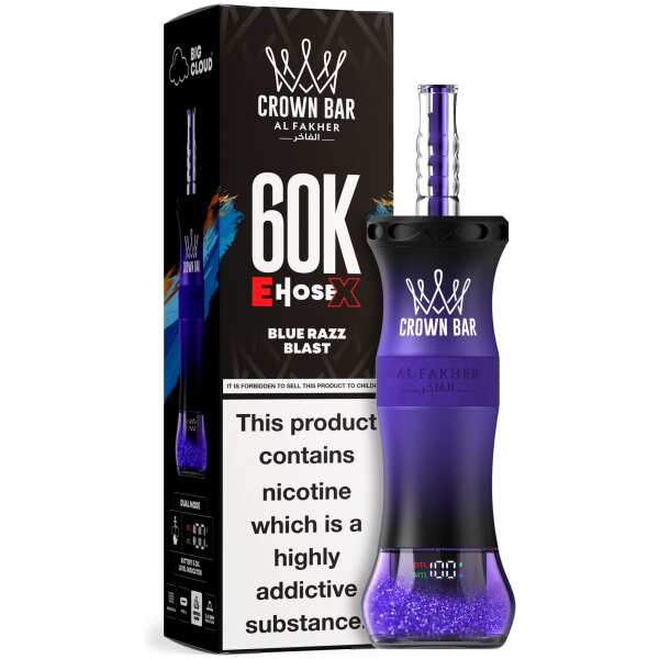 A 50ml Blue Razz Blast Al Fakher Crown Bar E Hose X 60k disposable device with blue raspberry blast flavor graphics. by Vape4Less.