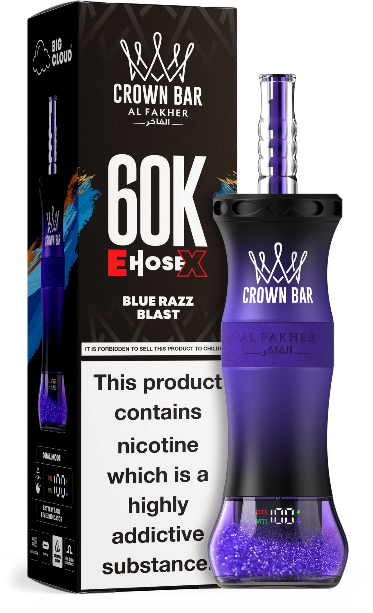 A 50ml Blue Razz Blast Al Fakher Crown Bar E Hose X 60k disposable device with blue raspberry blast flavor graphics. by Vape4Less.