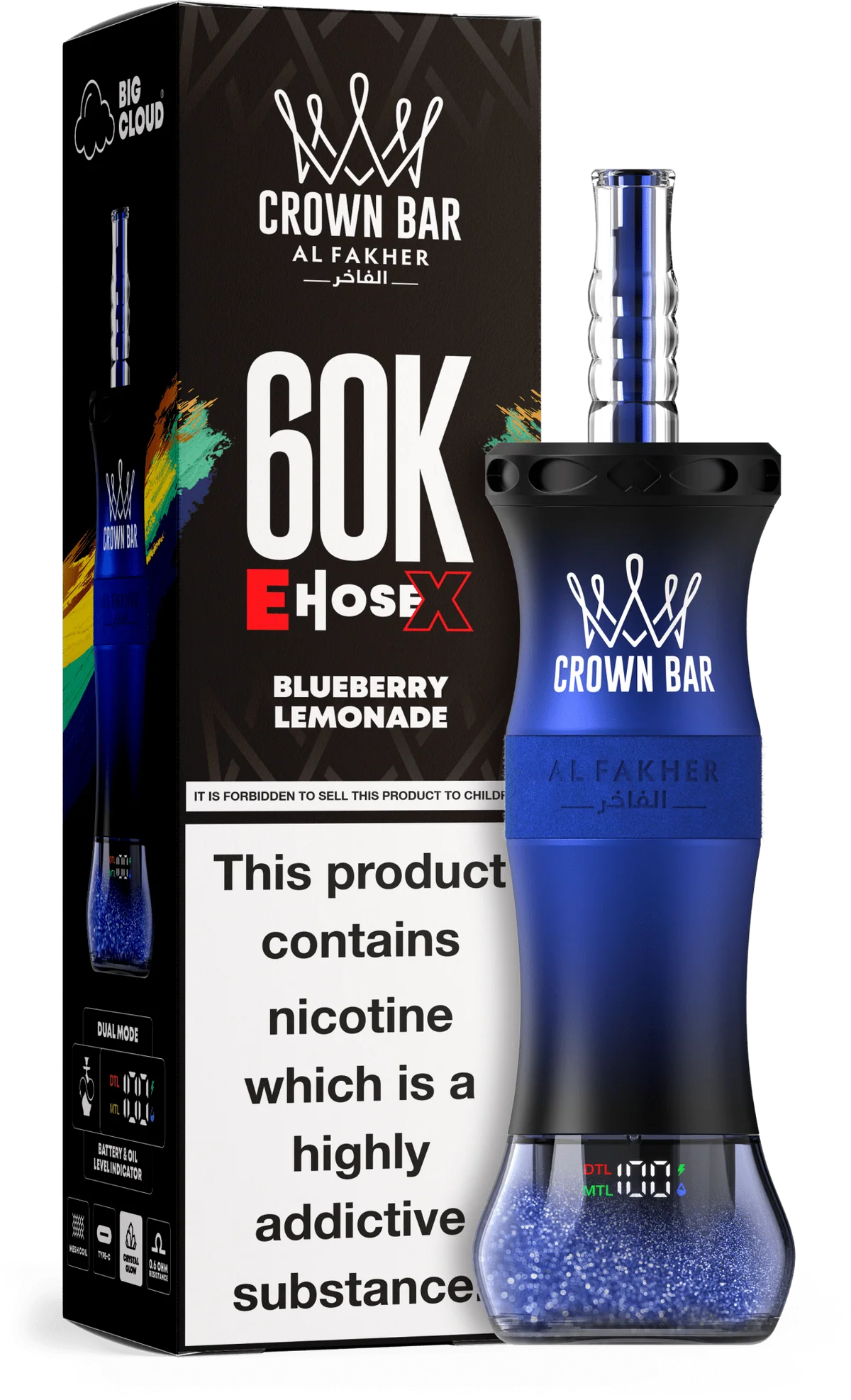 A 50ml Blueberry Lemonade Al Fakher Crown Bar E Hose X 60k disposable device with blueberry and lemonade flavor graphics. by Vape4Less.