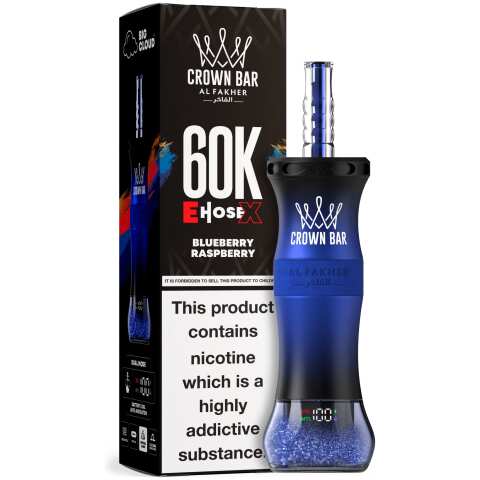 A 50ml Blueberry Raspberry Al Fakher Crown Bar E Hose X 60k disposable device with blueberry and raspberry flavor graphics. by Vape4Less.