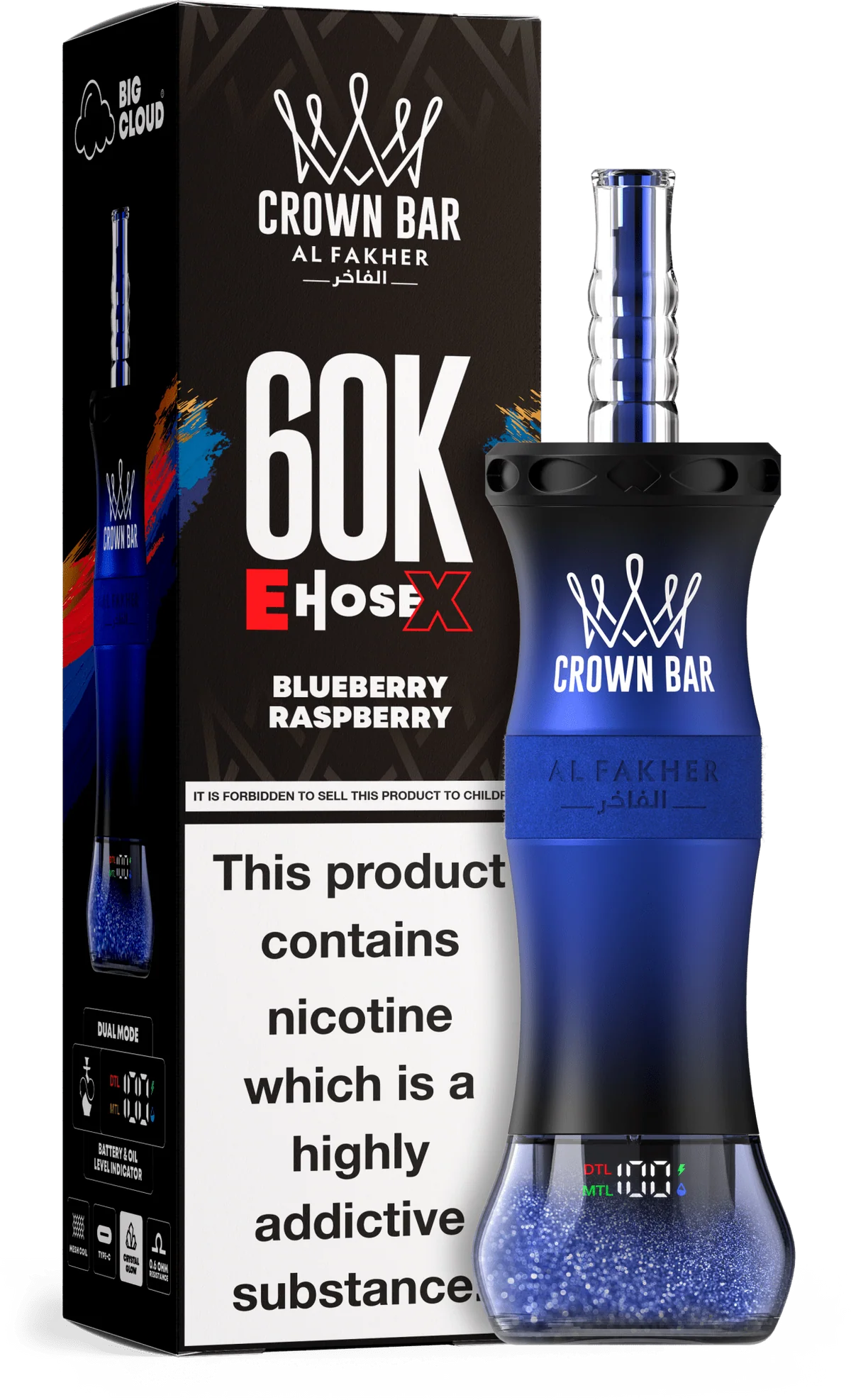 A 50ml Blueberry Raspberry Al Fakher Crown Bar E Hose X 60k disposable device with blueberry and raspberry flavor graphics. by Vape4Less.