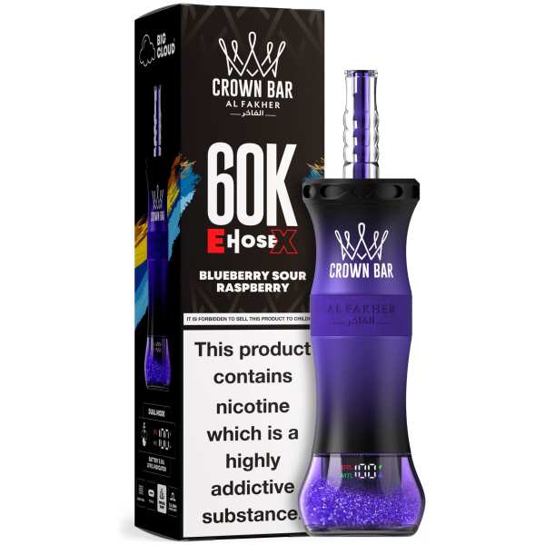A 50ml Blueberry Sour Raspberry Al Fakher Crown Bar E Hose X 60k disposable device with blueberry and sour raspberry flavor graphics. by Vape4Less.