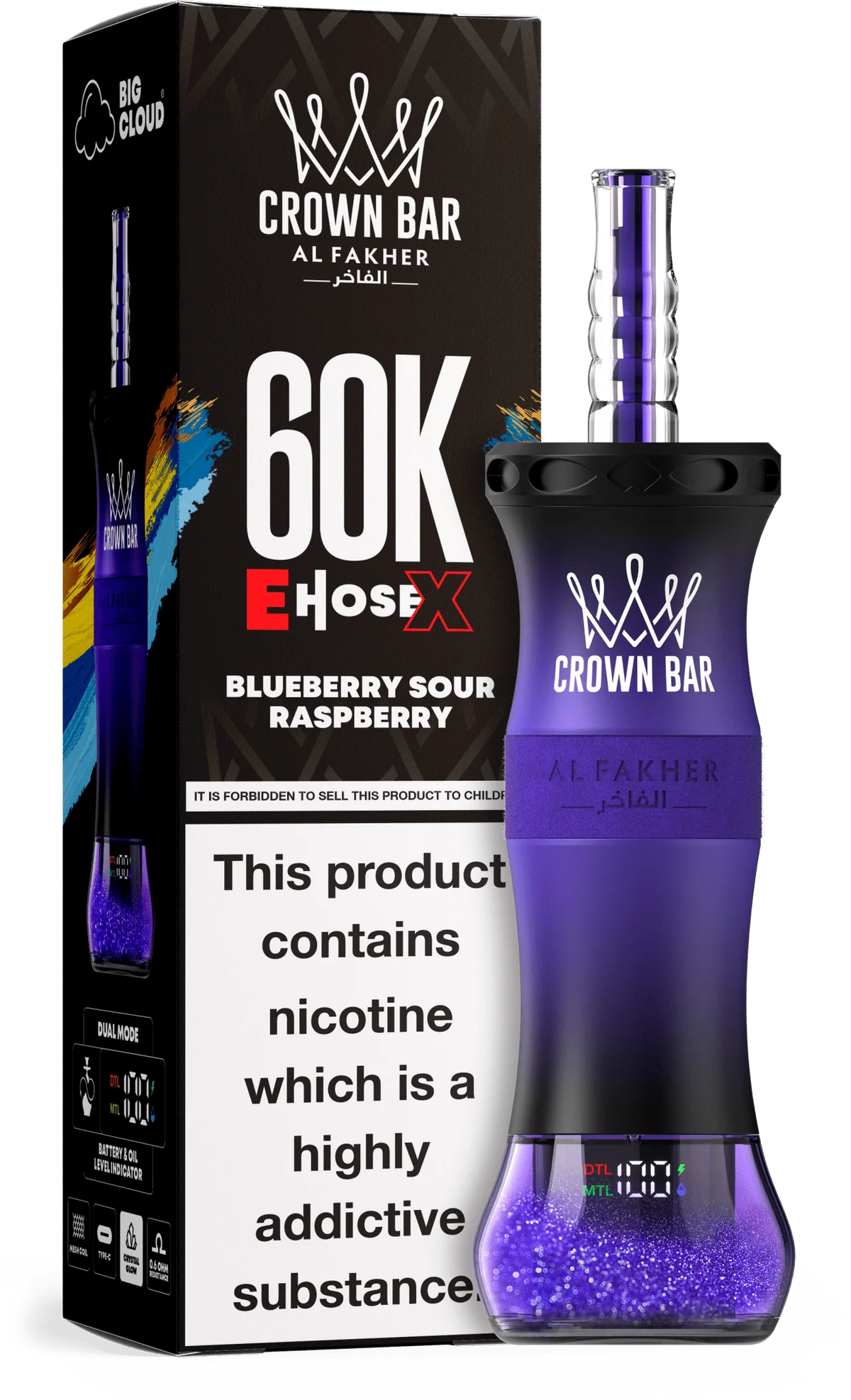 A 50ml Blueberry Sour Raspberry Al Fakher Crown Bar E Hose X 60k disposable device with blueberry and sour raspberry flavor graphics. by Vape4Less.