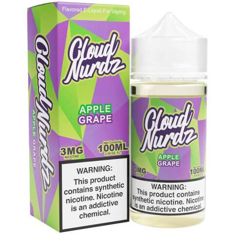 A 100ml Apple Grape Cloud Nurdz 100ml e-liquid bottle with apple and grape candy graphics. by Vape4Less.