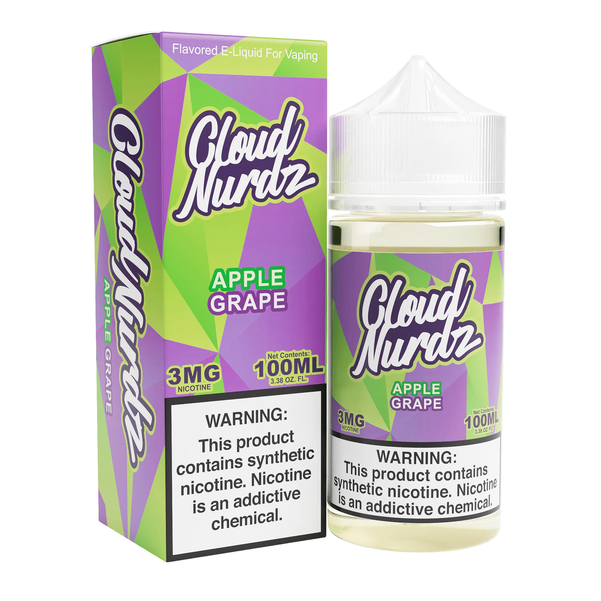 A 100ml Apple Grape Cloud Nurdz 100ml e-liquid bottle with apple and grape candy graphics. by Vape4Less.