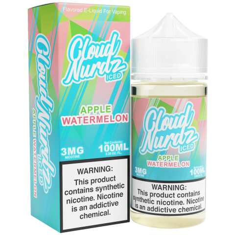 A 100ml Iced Apple Watermelon Cloud Nurdz 100ml e-liquid bottle with apple, watermelon, and icy background elements. by Vape4Less.