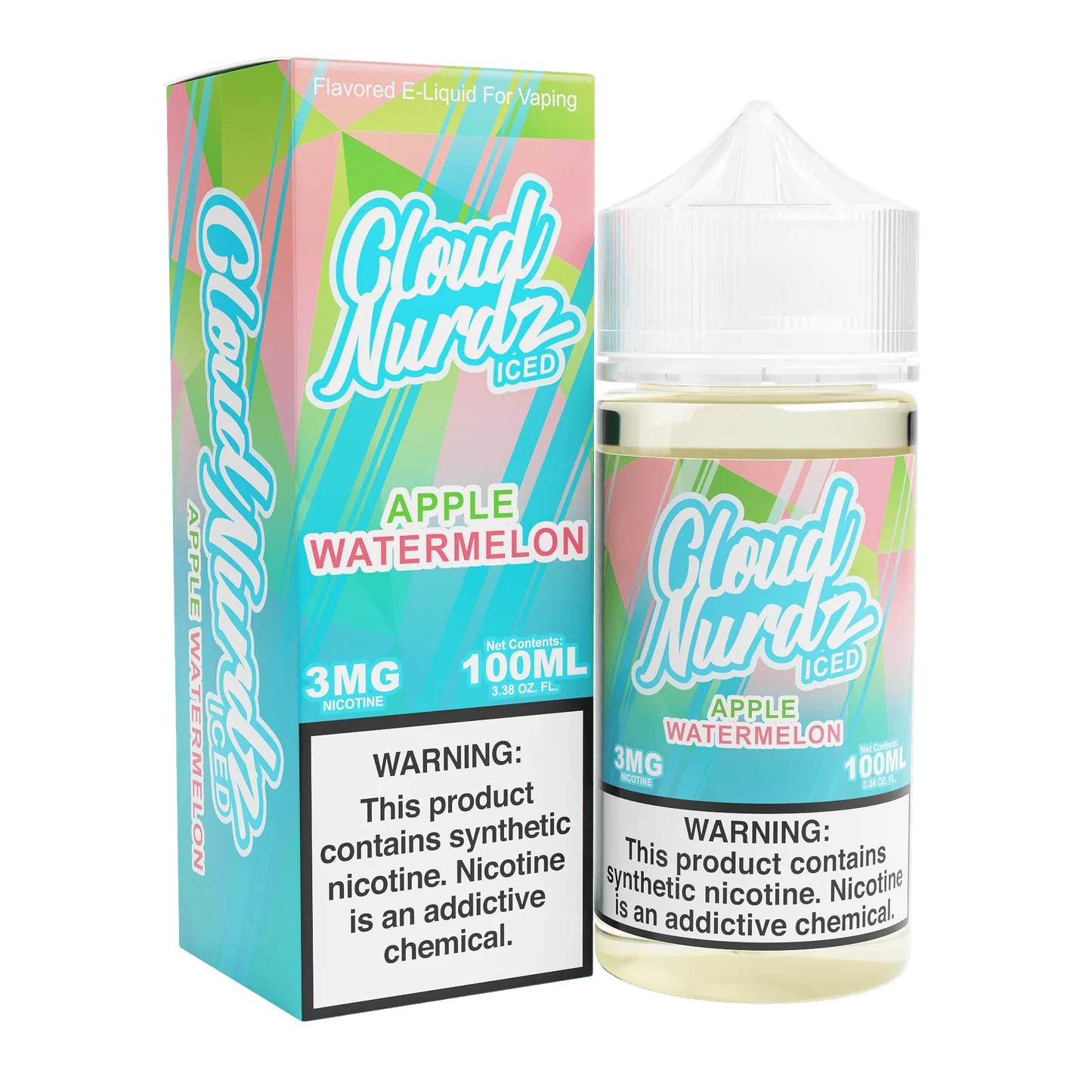 A 100ml Iced Apple Watermelon Cloud Nurdz 100ml e-liquid bottle with apple, watermelon, and icy background elements. by Vape4Less.