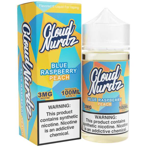 A 100ml Blue Raspberry Peach Cloud Nurdz 100ml e-liquid bottle with blue raspberry and peach candy graphics. by Vape4Less.