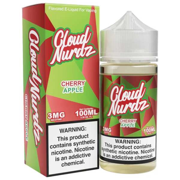 A 100ml Cherry Apple Cloud Nurdz 100ml e-liquid bottle with cherry and green apple candy graphics. by Vape4Less.
