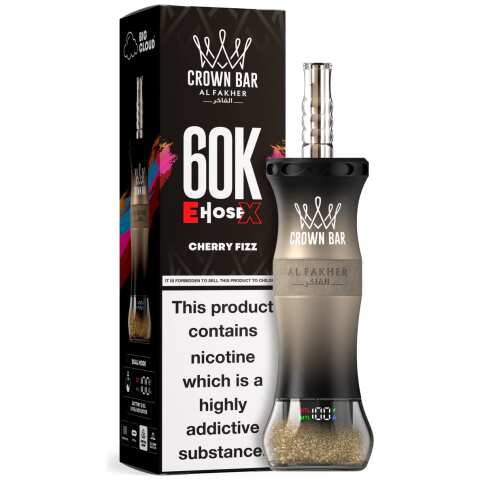 A 50ml Cherry Fizz Al Fakher Crown Bar E Hose X 60k disposable device with cherry fizz flavor graphics. by Vape4Less.