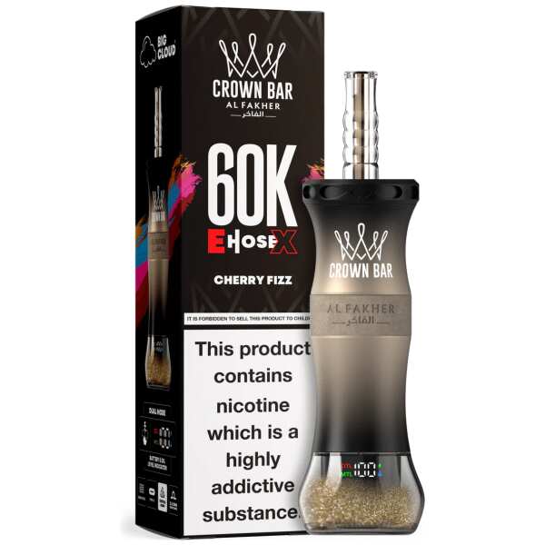 A 50ml Cherry Fizz Al Fakher Crown Bar E Hose X 60k disposable device with cherry fizz flavor graphics. by Vape4Less.