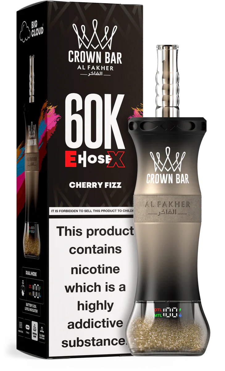 A 50ml Cherry Fizz Al Fakher Crown Bar E Hose X 60k disposable device with cherry fizz flavor graphics. by Vape4Less.