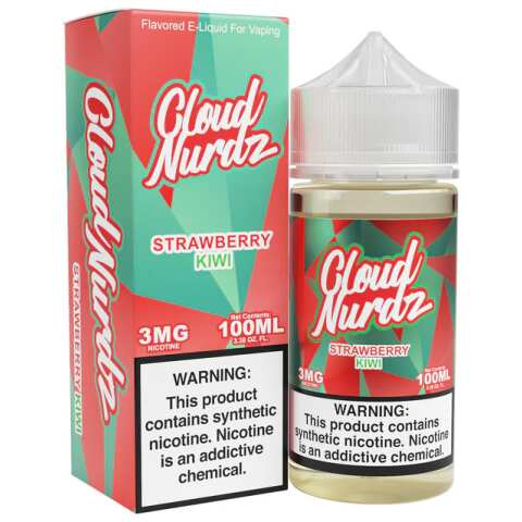 A 100ml Strawberry Kiwi Cloud Nurdz 100ml e-liquid bottle with strawberry and kiwi candy graphics. by Vape4Less.