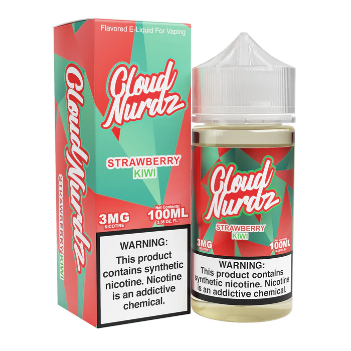 A 100ml Strawberry Kiwi Cloud Nurdz 100ml e-liquid bottle with strawberry and kiwi candy graphics. by Vape4Less.
