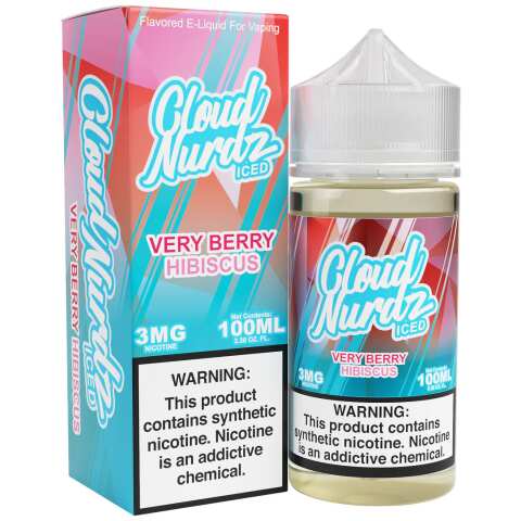 A 100ml Very Berry Hibiscus Iced Cloud Nurdz 100ml e-liquid bottle with mixed berry and hibiscus flower candy graphics and icy accents. by Vape4Less.
