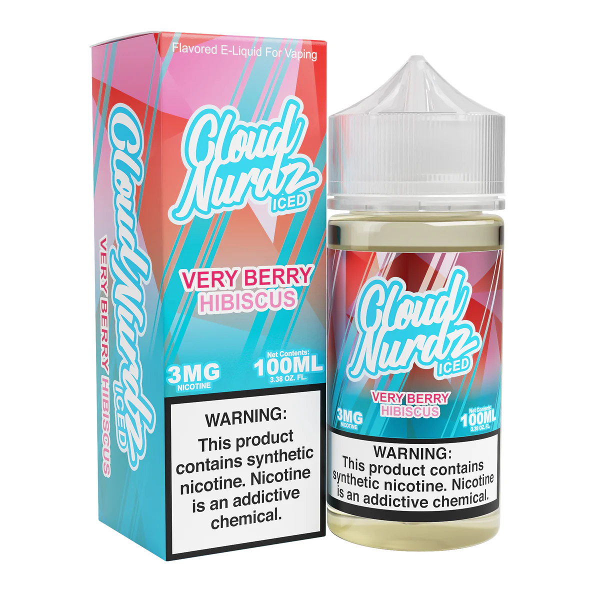 A 100ml Very Berry Hibiscus Iced Cloud Nurdz 100ml e-liquid bottle with mixed berry and hibiscus flower candy graphics and icy accents. by Vape4Less.