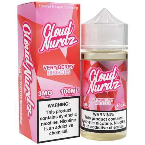 A 100ml Very Berry Hibiscus Cloud Nurdz 100ml e-liquid bottle with mixed berry and hibiscus flower candy graphics. by Vape4Less.
