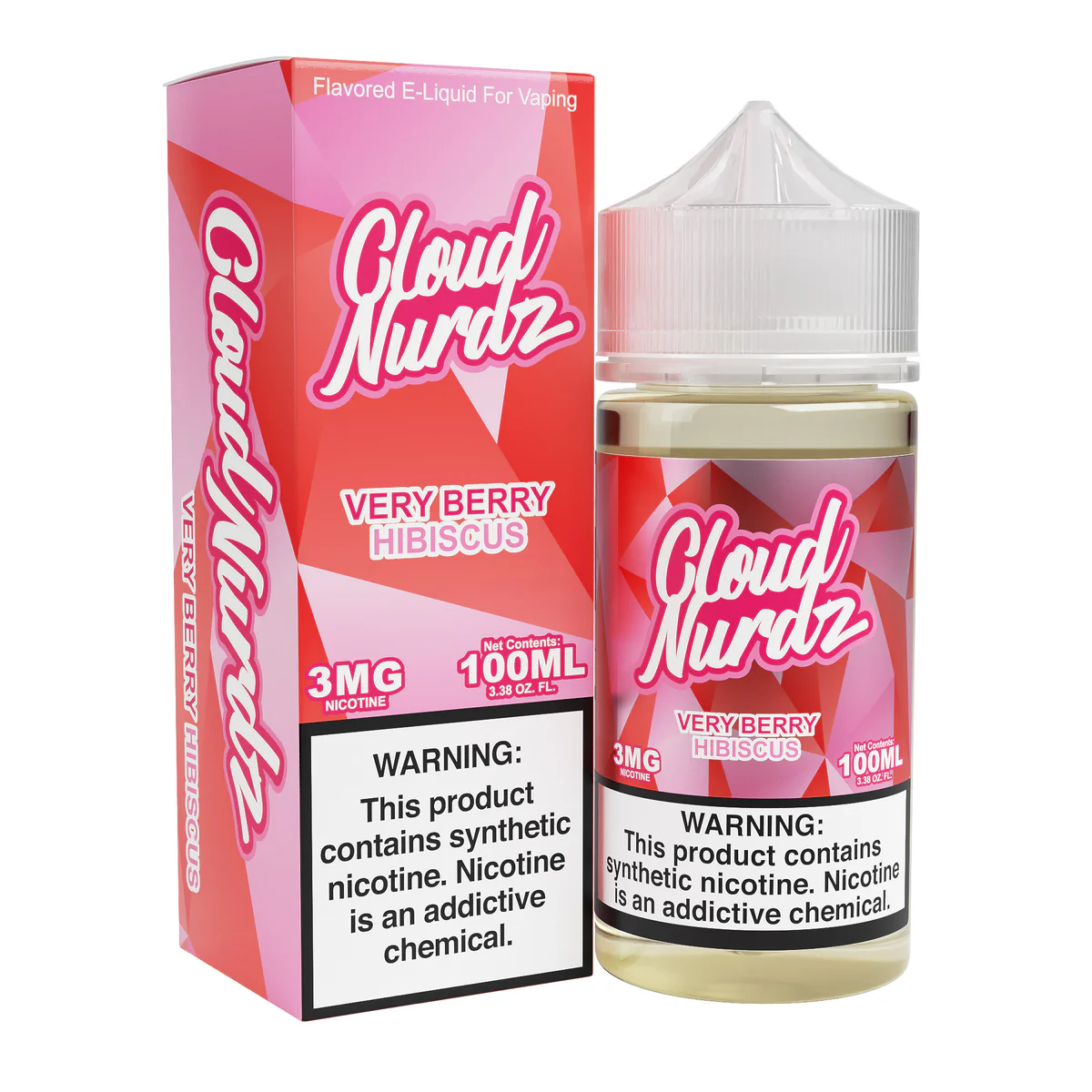 A 100ml Very Berry Hibiscus Cloud Nurdz 100ml e-liquid bottle with mixed berry and hibiscus flower candy graphics. by Vape4Less.