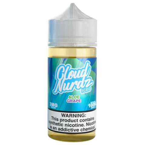 A 100ml Iced Aloe Grape Cloud Nurdz 100ml e-liquid bottle with aloe and grape candy graphics and icy accents. by Vape4Less.