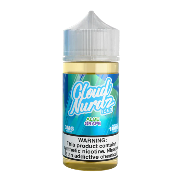 A 100ml Iced Aloe Grape Cloud Nurdz 100ml e-liquid bottle with aloe and grape candy graphics and icy accents. by Vape4Less.
