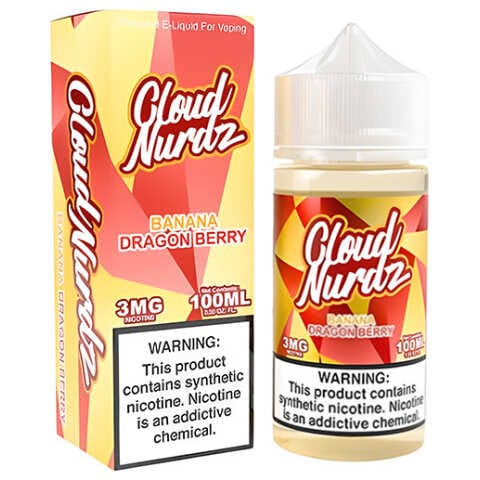 A 100ml Banana Dragon Berry Cloud Nurdz 100ml e-liquid bottle with banana, dragon fruit, and mixed berry candy graphics. by Vape4Less.