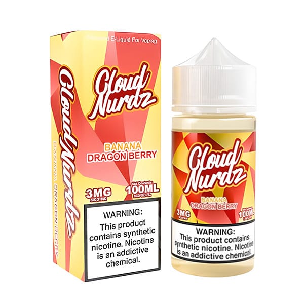 A 100ml Banana Dragon Berry Cloud Nurdz 100ml e-liquid bottle with banana, dragon fruit, and mixed berry candy graphics. by Vape4Less.