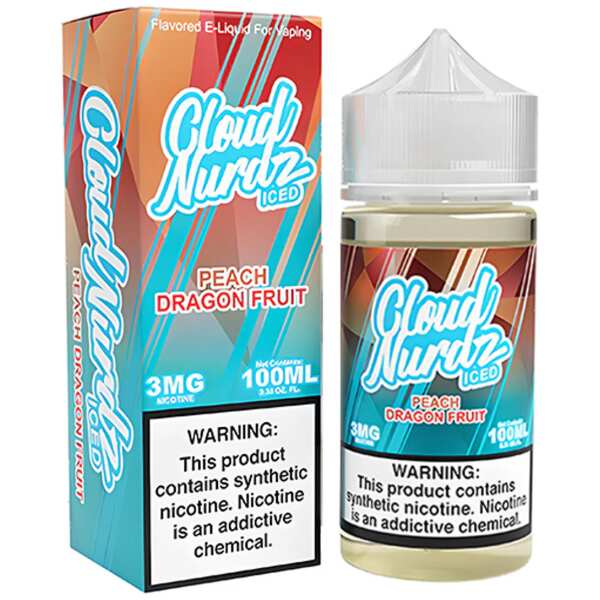 A Peach Dragonfruit Iced Cloud Nurdz 100ml e-liquid bottle with peach, dragonfruit, and icy background accents. by Vape4Less.