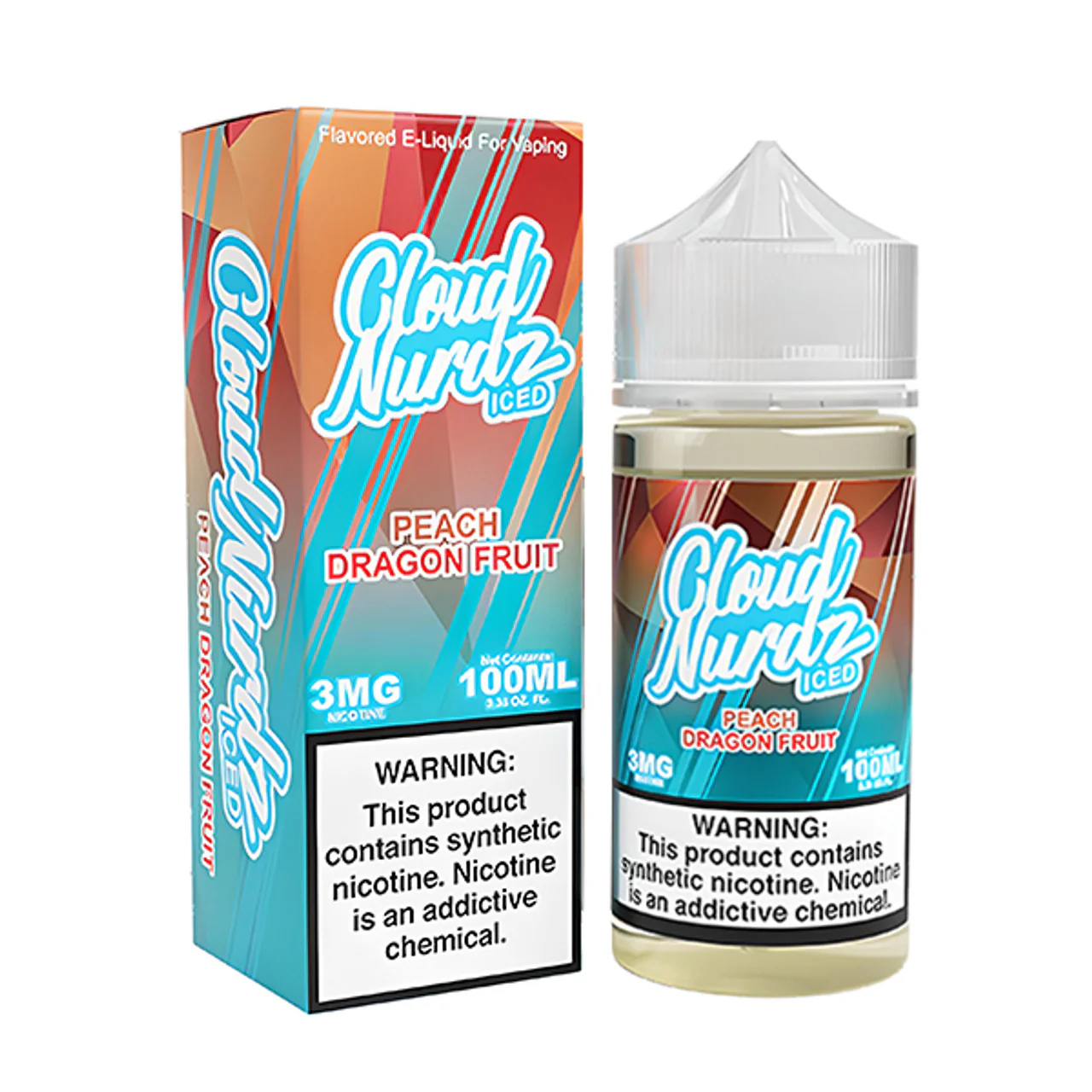 A Peach Dragonfruit Iced Cloud Nurdz 100ml e-liquid bottle with peach, dragonfruit, and icy background accents. by Vape4Less.
