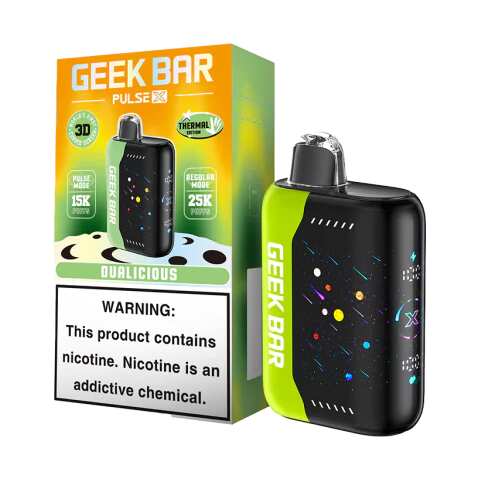 A 18ml Dualicious Geek Bar Pulse X 25k disposable vape with colorful mixed-fruit design and Pulse X smart display. by Vape4Less.