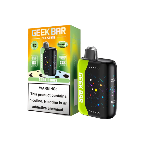 A 18ml Dualicious Geek Bar Pulse X 25k disposable vape with colorful mixed-fruit design and Pulse X smart display. by Vape4Less.