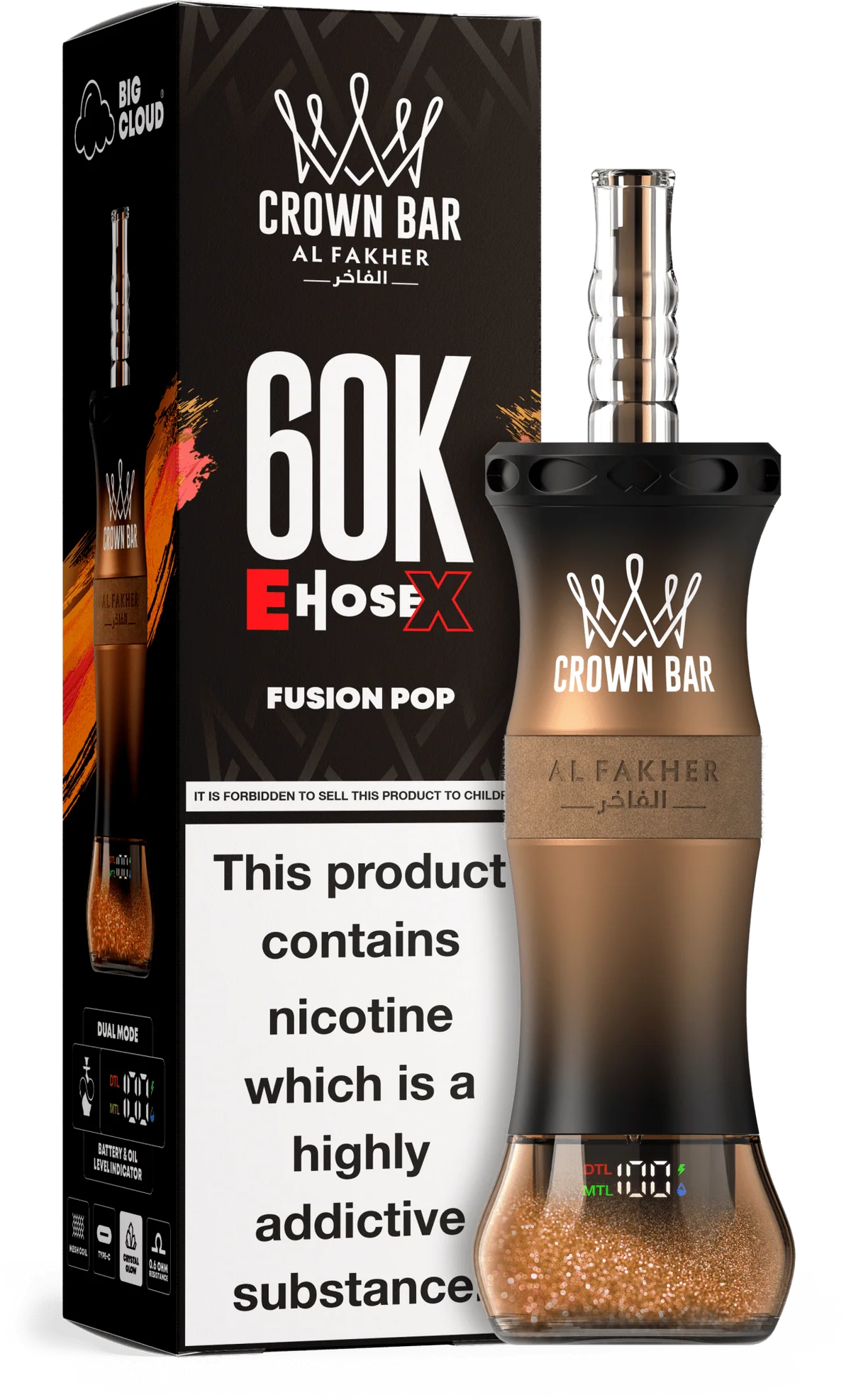 Fusion Pop Al Fakher Crown Bar E Hose X 60k A 50ml Fusion Pop Al Fakher Crown Bar E Hose X 60k disposable device with colorful fusion pop flavor graphics. by Vape4Less.