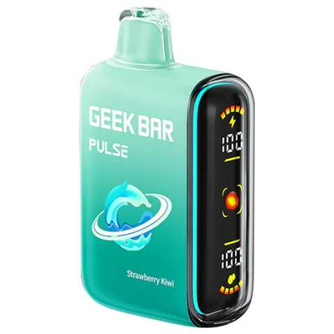 A 16ml Strawberry Kiwi Geek Bar Pulse disposable vape with strawberry and kiwi fruit graphics on a clean background. by Vape4Less.