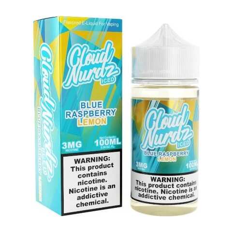 Blue Raspberry Lemon Iced Cloud Nurdz 100ml e-liquid bottle with blue raspberry and lemon candy graphics. by Vape4Less.