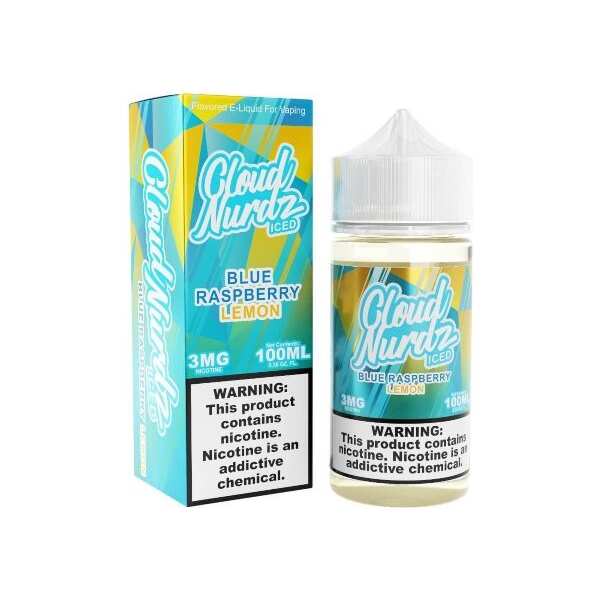 Blue Raspberry Lemon Iced Cloud Nurdz 100ml e-liquid bottle with blue raspberry and lemon candy graphics. by Vape4Less.