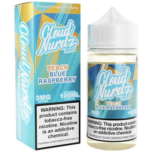 A 100ml Iced Blue Raspberry Peach Cloud Nurdz 100ml e-liquid bottle with blue raspberry and peach candy graphics and icy accents. by Vape4Less.