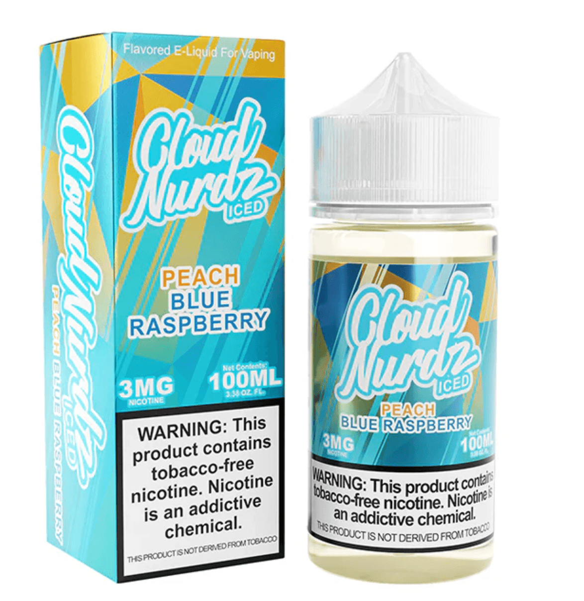 A 100ml Iced Blue Raspberry Peach Cloud Nurdz 100ml e-liquid bottle with blue raspberry and peach candy graphics and icy accents. by Vape4Less.
