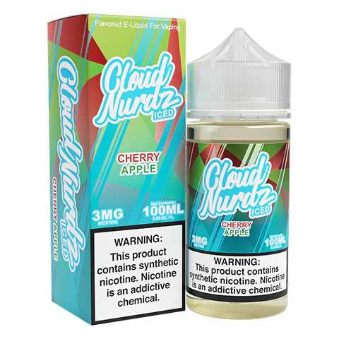 A 100ml Iced Cherry Apple Cloud Nurdz 100ml e-liquid bottle with cherry and green apple candy graphics and icy accents. by Vape4Less.