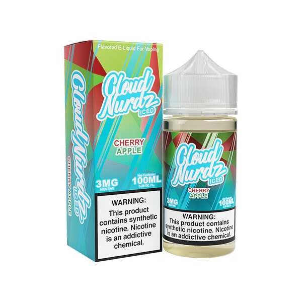 A 100ml Iced Cherry Apple Cloud Nurdz 100ml e-liquid bottle with cherry and green apple candy graphics and icy accents. by Vape4Less.