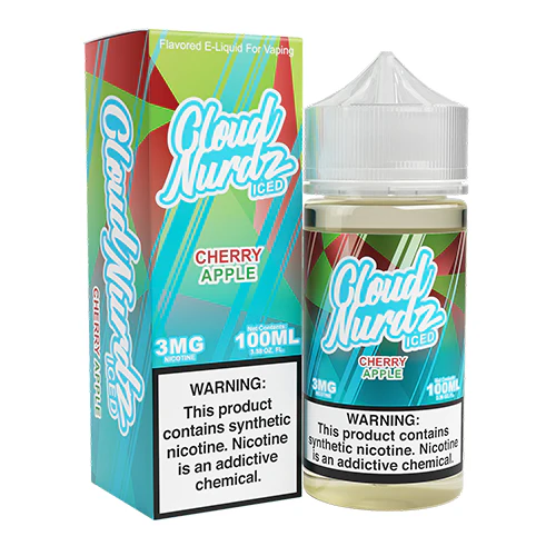 A 100ml Iced Cherry Apple Cloud Nurdz 100ml e-liquid bottle with cherry and green apple candy graphics and icy accents. by Vape4Less.